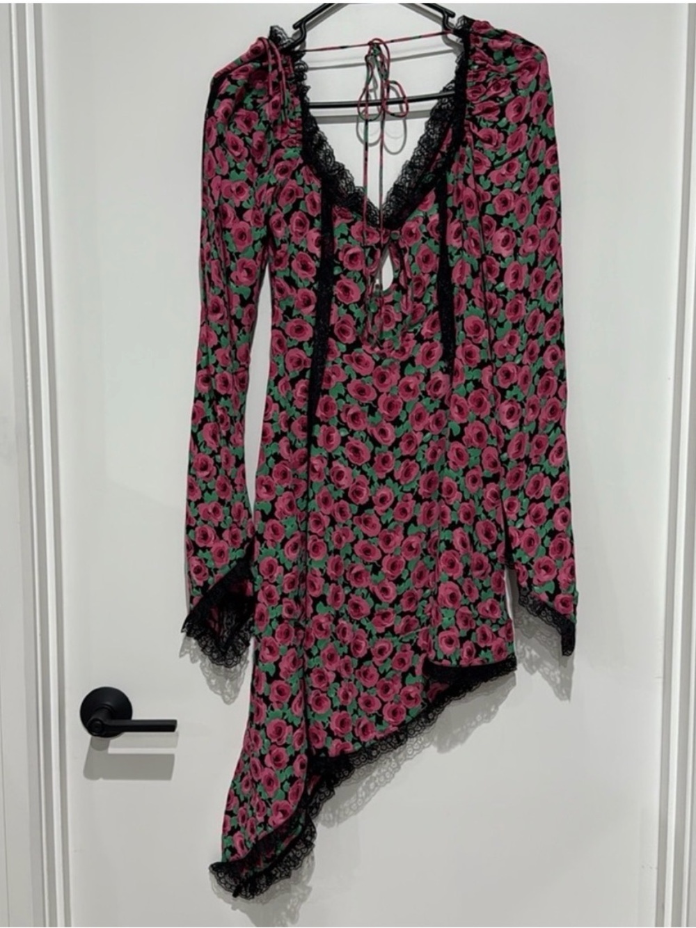 For Love & Lemons Black Floral Lace-Trim Mini Dress with Pink & Green Print - Picture 4 of 5